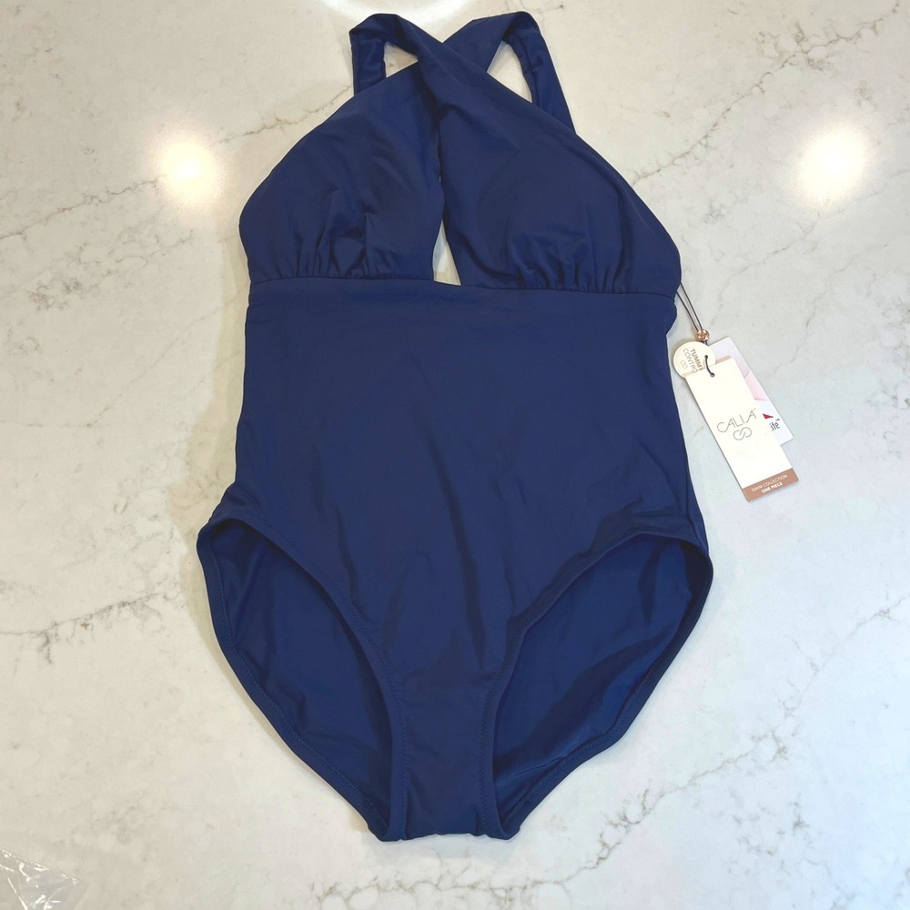 CALIA Cutout Halter High Leg One Piece Swimsuit Womens 6 Dark Blue Padded